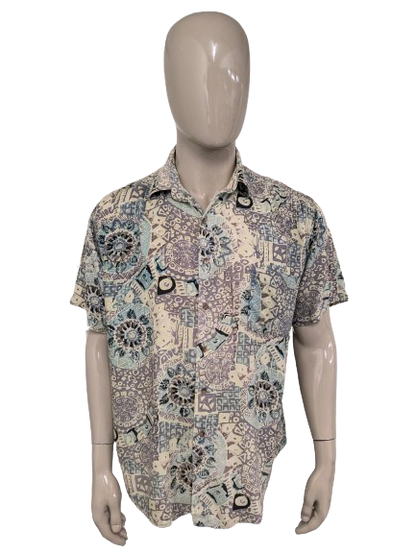Vintage 80's / 90's Colosseum overhemd korte mouw. Geel Grijs Groene print. Maat 2XL / XXL.