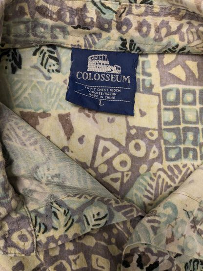 Vintage 80's / 90's Colosseum overhemd korte mouw. Geel Grijs Groene print. Maat 2XL / XXL.