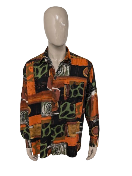 Vintage 80's / 90's Waterline overhemd. Oranje Groen Zwarte print. Maat 2XL / XXL.