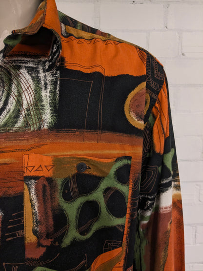 Camisa Waterline vintage de los años 80/90. Estampado naranja, verde y negro. Talla 2XL / XXL.