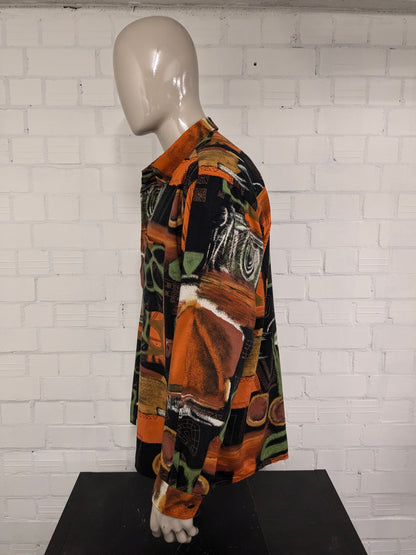 Camisa Waterline vintage de los años 80/90. Estampado naranja, verde y negro. Talla 2XL / XXL.
