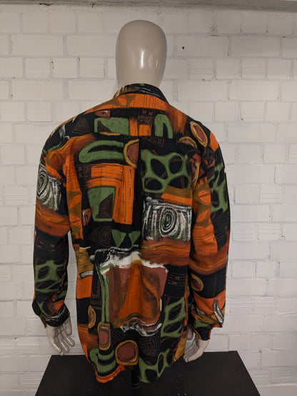 Camisa Waterline vintage de los años 80/90. Estampado naranja, verde y negro. Talla 2XL / XXL.