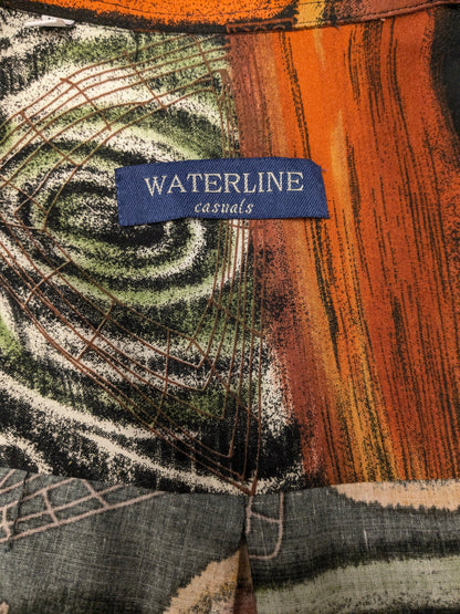 Camisa Waterline vintage de los años 80/90. Estampado naranja, verde y negro. Talla 2XL / XXL.