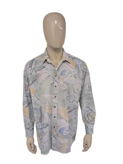 Vintage 80's / 90's C&A overhemd. Groen Blauw Gele print. Maat 2XL / XXL.