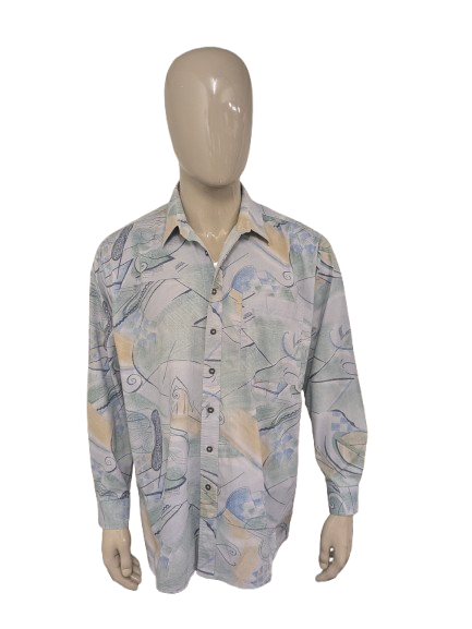 Vintage 80er/90er C&A-Hemd – grün/blau/gelber Aufdruck – Größe 2XL