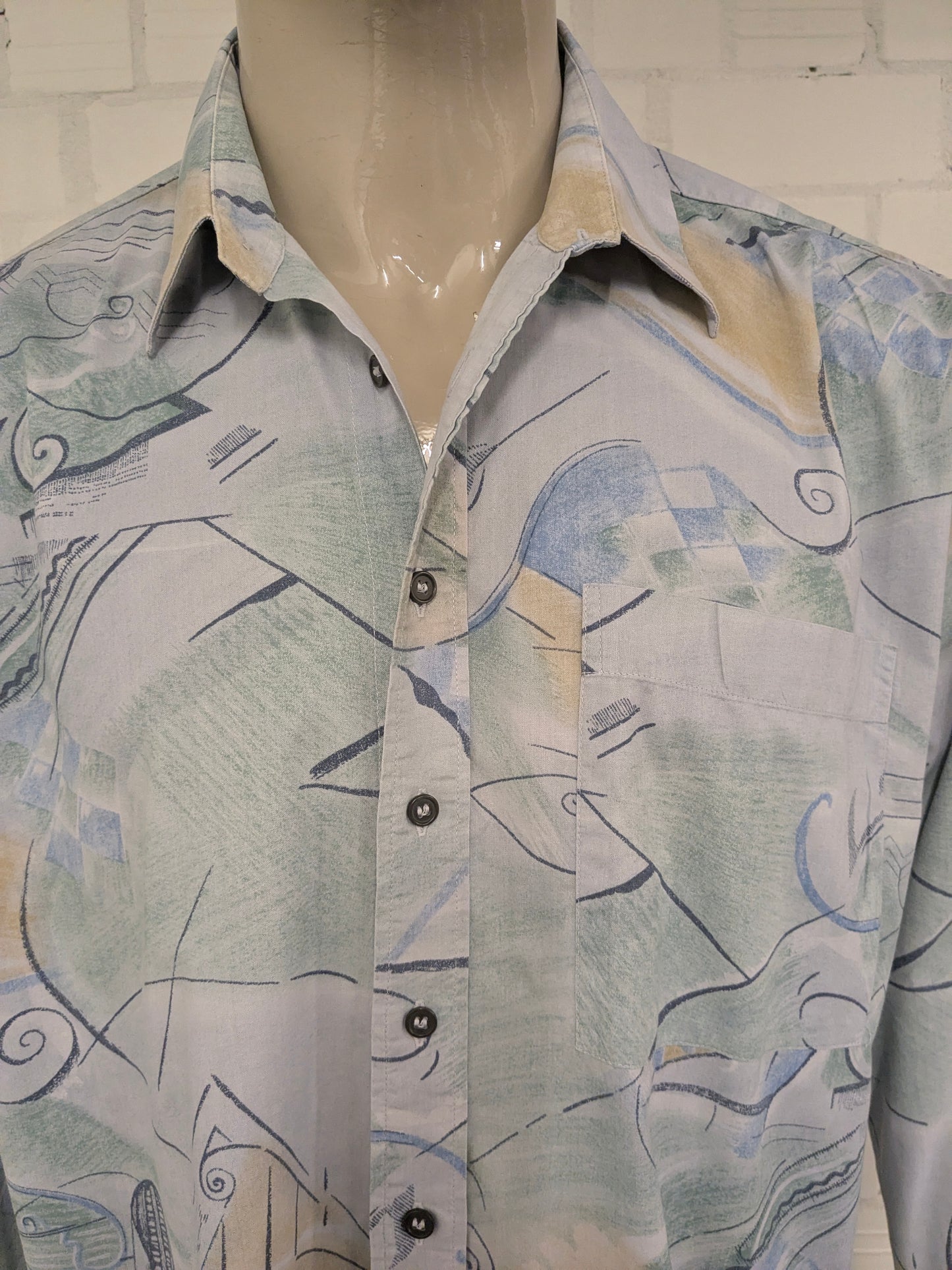 Vintage 80's / 90's C&A overhemd. Groen Blauw Gele print. Maat 2XL / XXL.