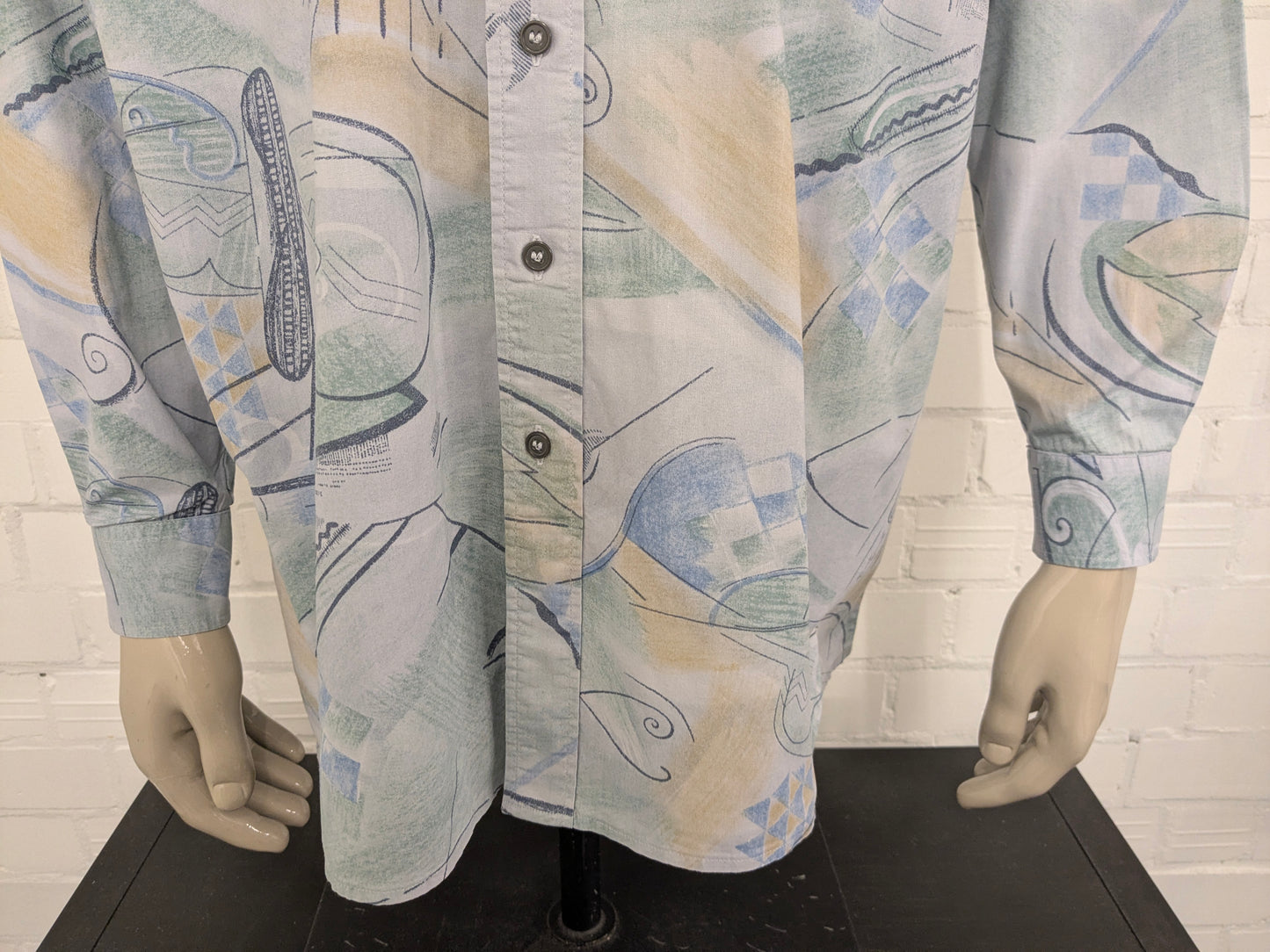 Vintage 80's / 90's C&A overhemd. Groen Blauw Gele print. Maat 2XL / XXL.