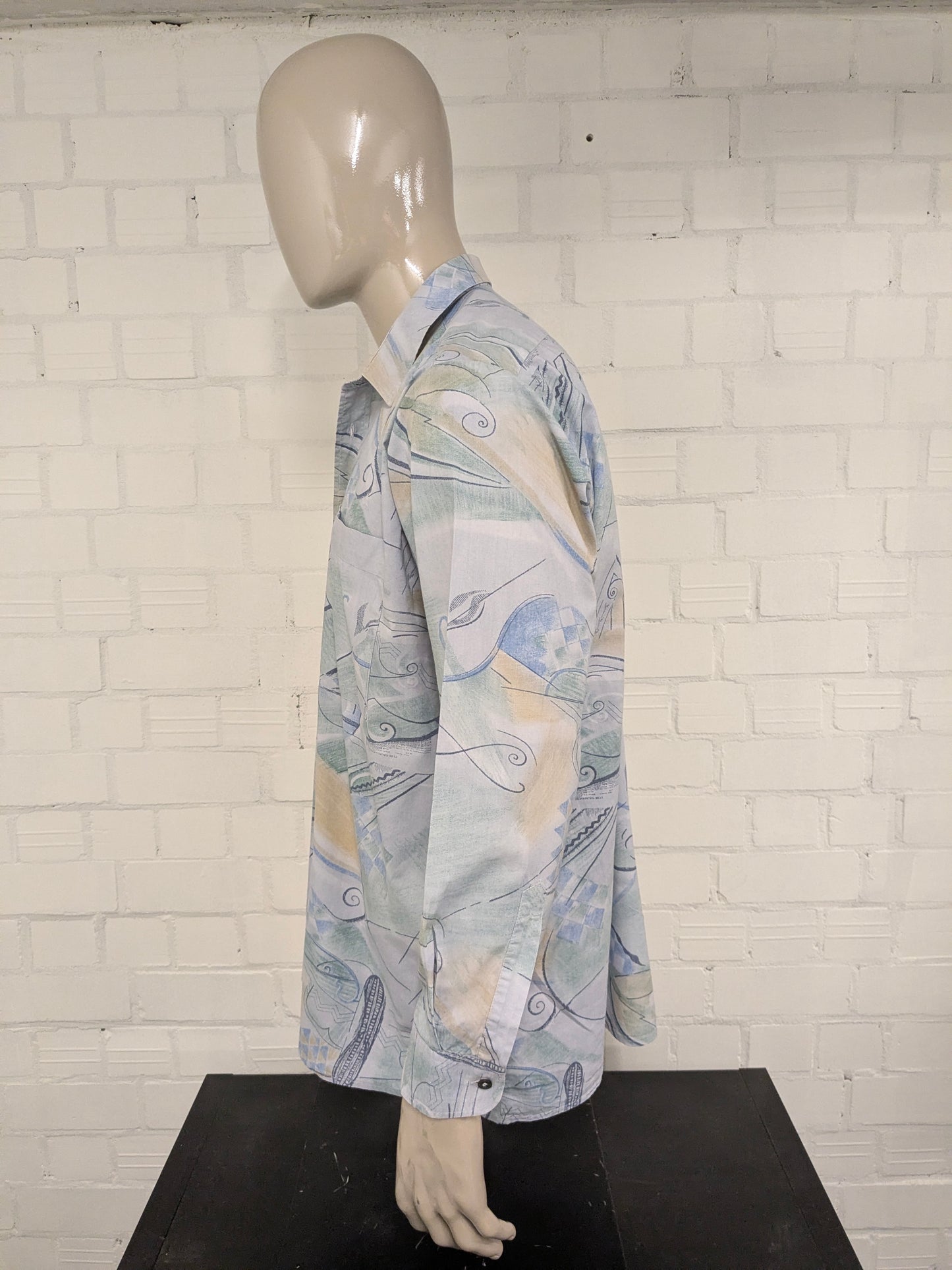 Vintage 80's / 90's C&A overhemd. Groen Blauw Gele print. Maat 2XL / XXL.