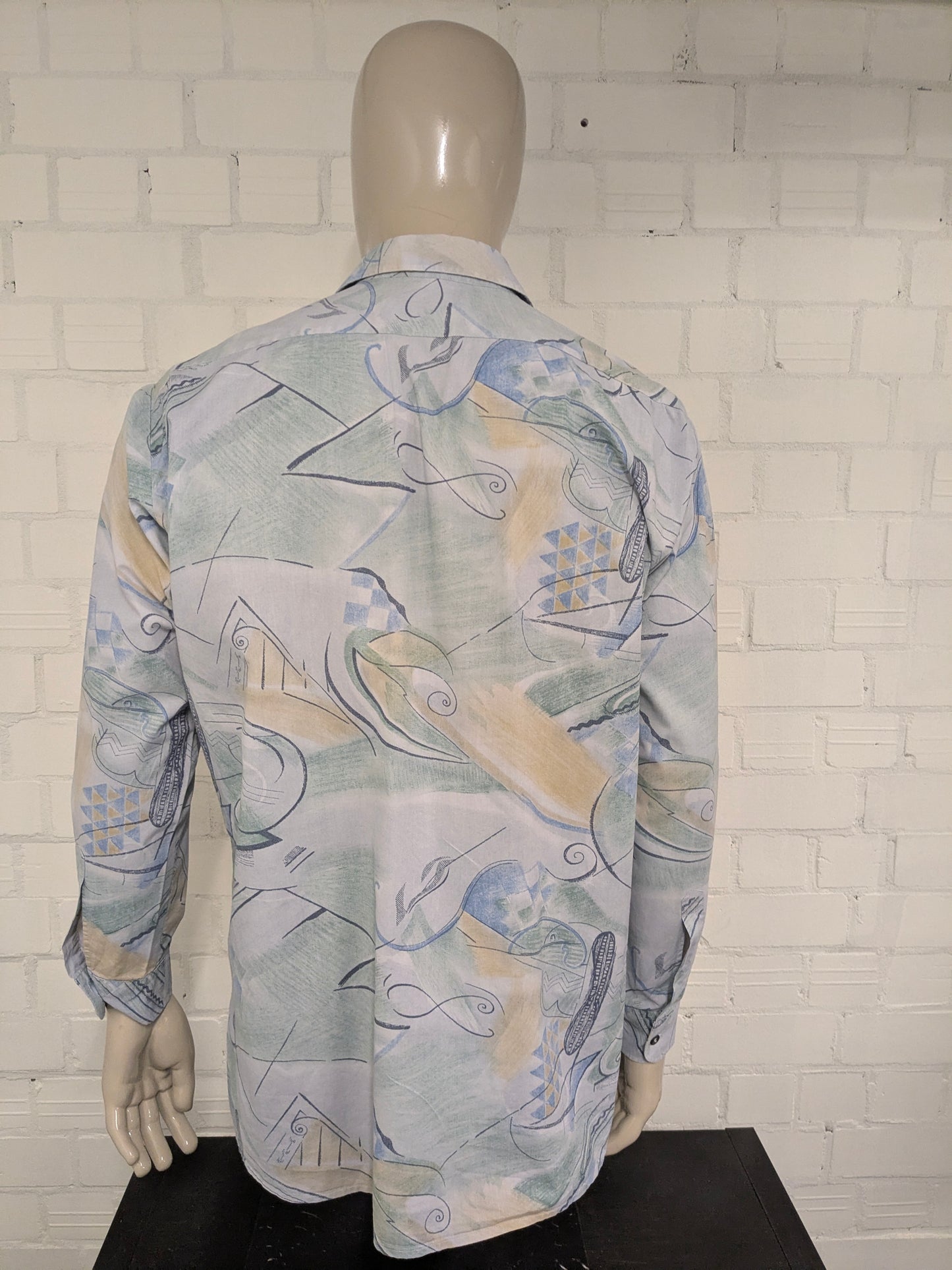 Vintage 80's / 90's C&A overhemd. Groen Blauw Gele print. Maat 2XL / XXL.