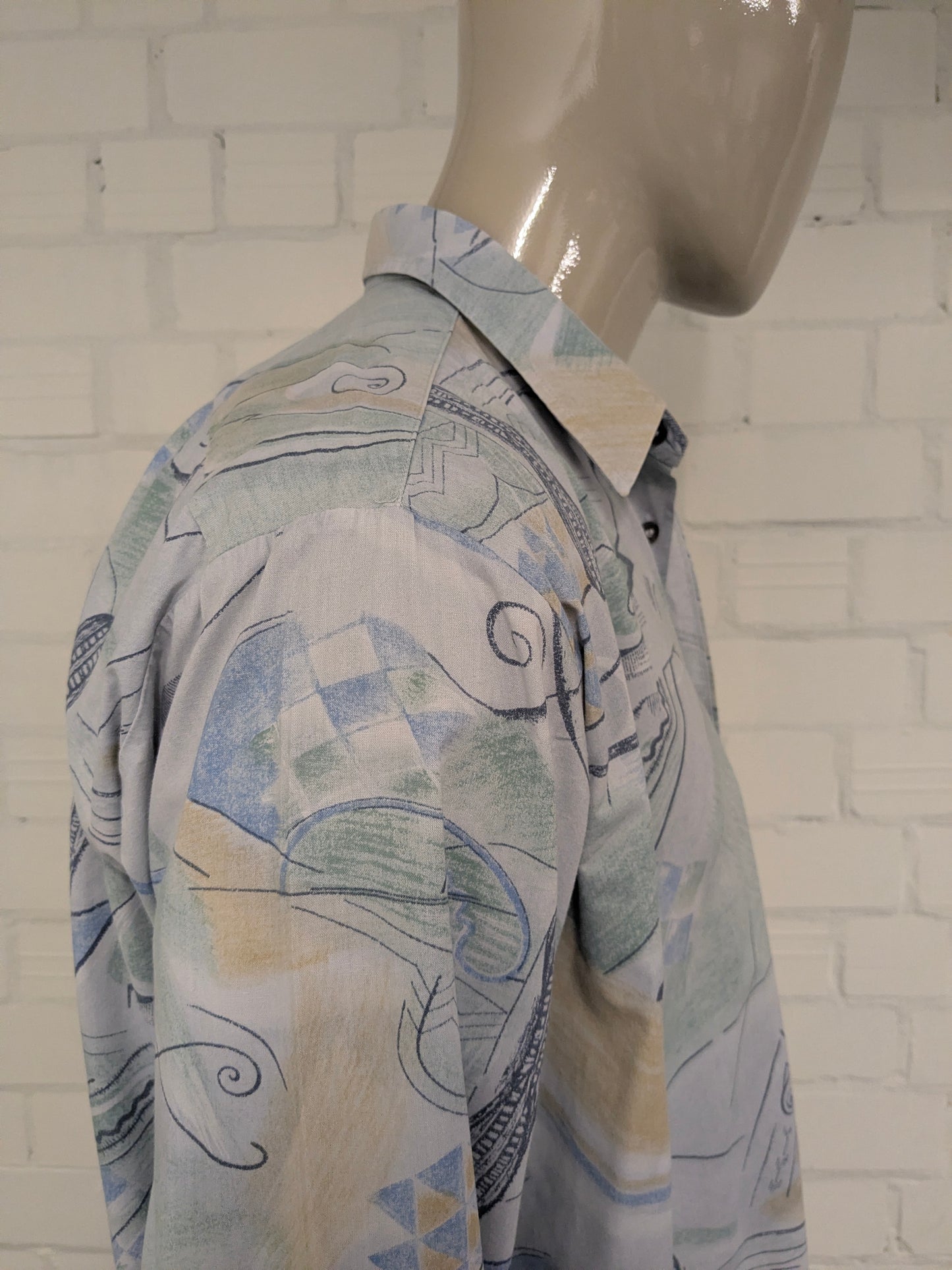 Vintage 80's / 90's C&A overhemd. Groen Blauw Gele print. Maat 2XL / XXL.