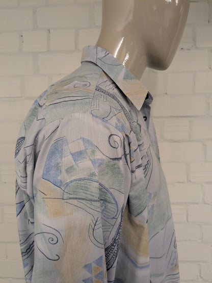 Vintage 80's / 90's C&A overhemd. Groen Blauw Gele print. Maat 2XL / XXL.
