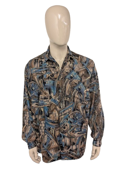 Vintage 80er/90er Gin Tonic Shirt. Braun-blau-gelber Druck. Größe 2XL / XXL.
