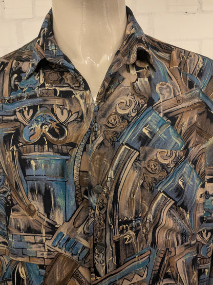 Camisa Gin Tonic vintage años 80/90. Estampado marrón azul amarillo. Talla 2XL / XXL.