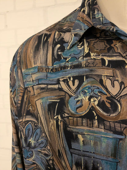 Camisa Gin Tonic vintage años 80/90. Estampado marrón azul amarillo. Talla 2XL / XXL.