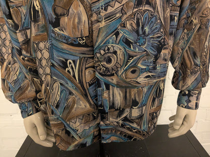 Camisa Gin Tonic vintage años 80/90. Estampado marrón azul amarillo. Talla 2XL / XXL.