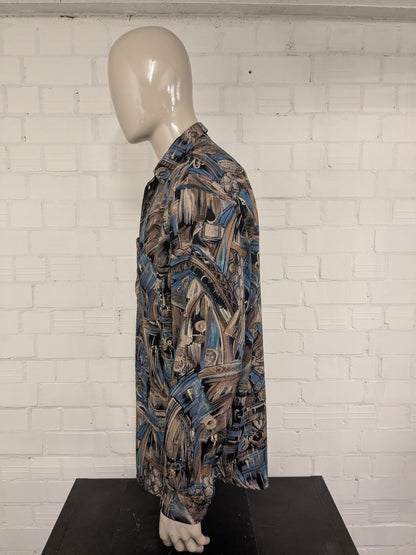 Camisa Gin Tonic vintage años 80/90. Estampado marrón azul amarillo. Talla 2XL / XXL.