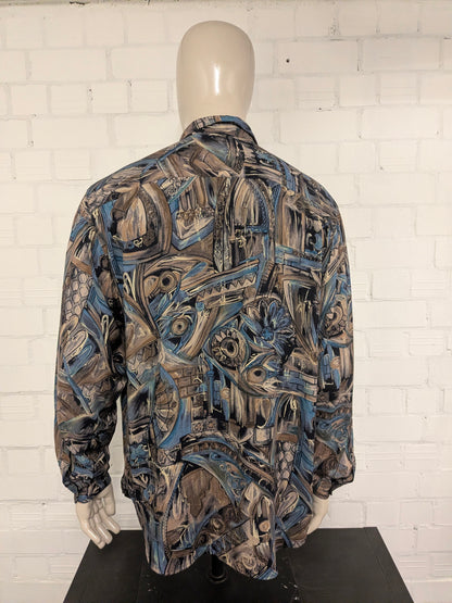 Camisa Gin Tonic vintage años 80/90. Estampado marrón azul amarillo. Talla 2XL / XXL.