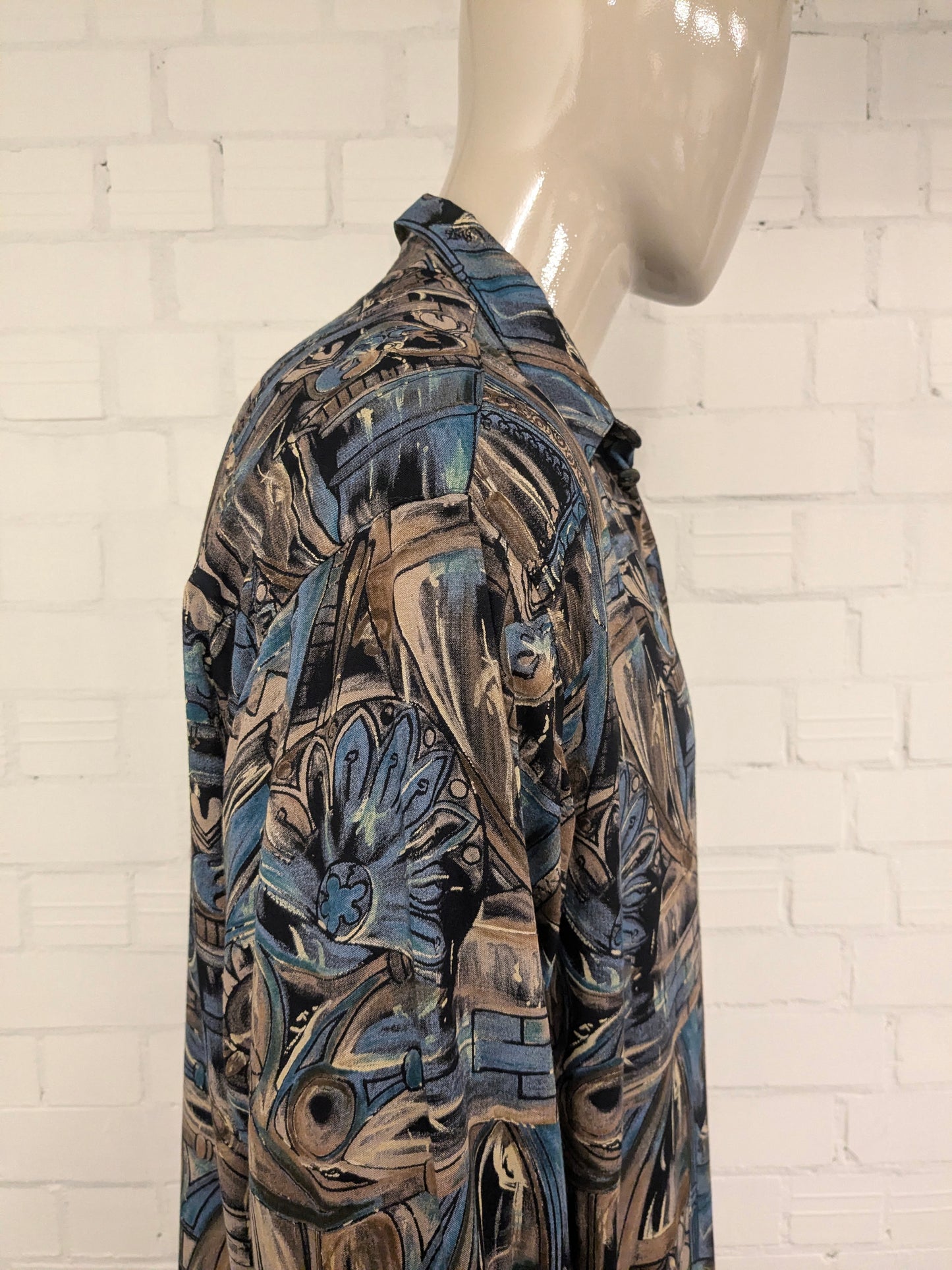 Camisa Gin Tonic vintage años 80/90. Estampado marrón azul amarillo. Talla 2XL / XXL.