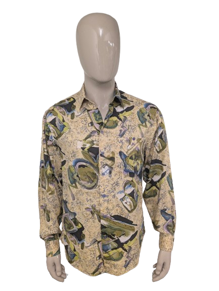 Vintage 80's / 90's Club d'Amingo overhemd. Geel Groen Paars Blauwe print. Maat L.
