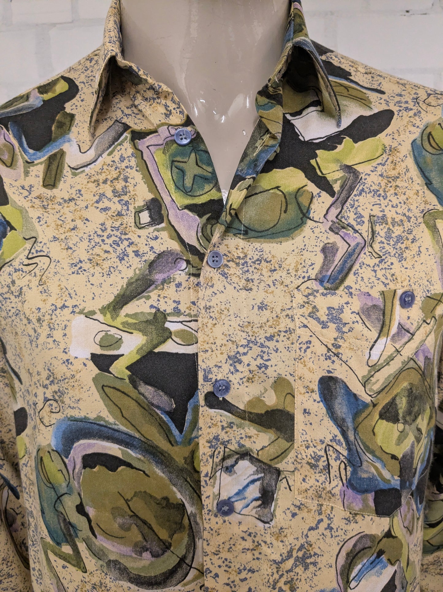Vintage 80's / 90's Club d'Amingo overhemd. Geel Groen Paars Blauwe print. Maat L.