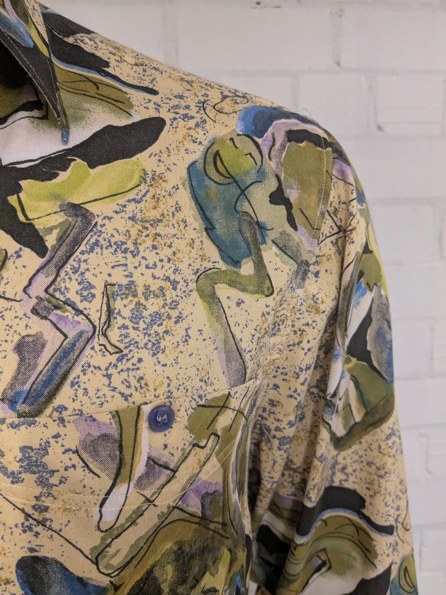 Vintage 80's / 90's Club d'Amingo overhemd. Geel Groen Paars Blauwe print. Maat L.