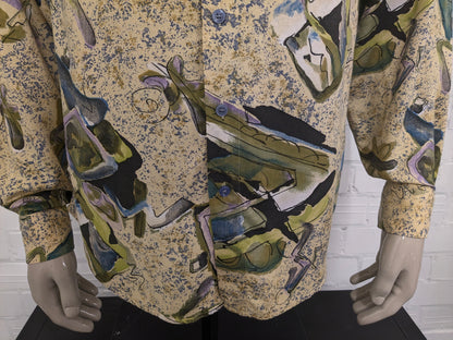 Vintage 80's / 90's Club d'Amingo overhemd. Geel Groen Paars Blauwe print. Maat L.