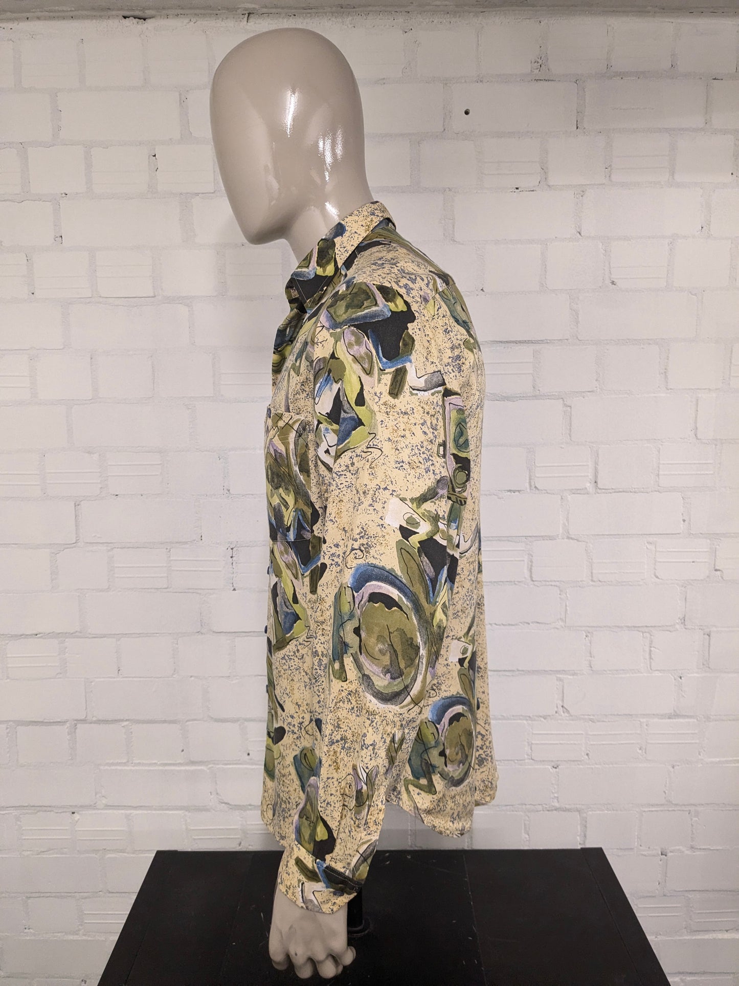 Vintage 80's / 90's Club d'Amingo overhemd. Geel Groen Paars Blauwe print. Maat L.