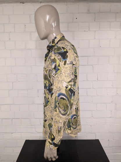 Vintage 80's / 90's Club d'Amingo overhemd. Geel Groen Paars Blauwe print. Maat L.