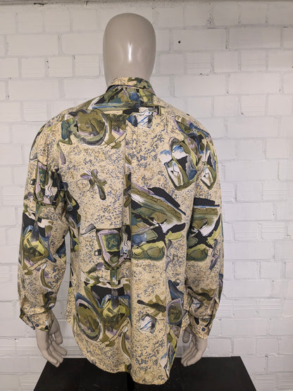 Vintage 80's / 90's Club d'Amingo overhemd. Geel Groen Paars Blauwe print. Maat L.