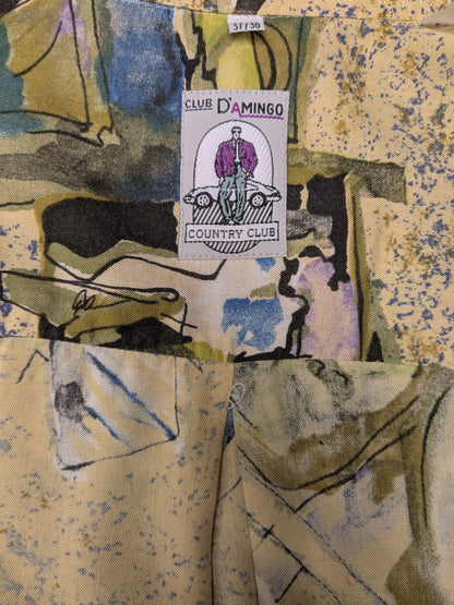 Vintage 80's / 90's Club d'Amingo overhemd. Geel Groen Paars Blauwe print. Maat L.