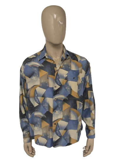 Vintage 80's / 90's Viscose Angelo Litrico overhemd. Blauw Gele print. Maat XL.