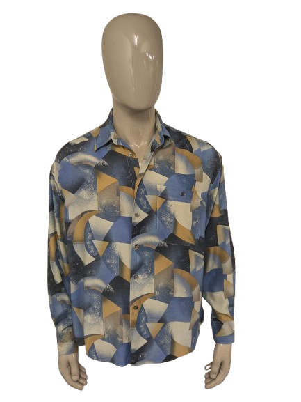 Vintage 80's / 90's Viscose Angelo Litrico overhemd. Blauw Gele print. Maat XL.