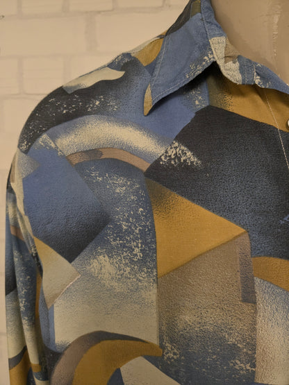 Vintage 80's / 90's Viscose Angelo Litrico overhemd. Blauw Gele print. Maat XL.