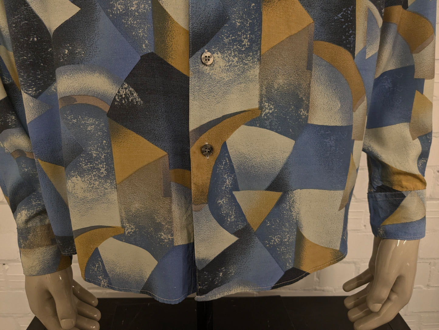 Vintage 80's / 90's Viscose Angelo Litrico overhemd. Blauw Gele print. Maat XL.