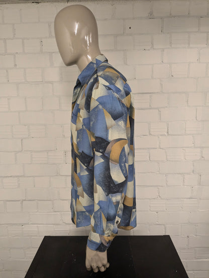 Vintage 80's / 90's Viscose Angelo Litrico overhemd. Blauw Gele print. Maat XL.