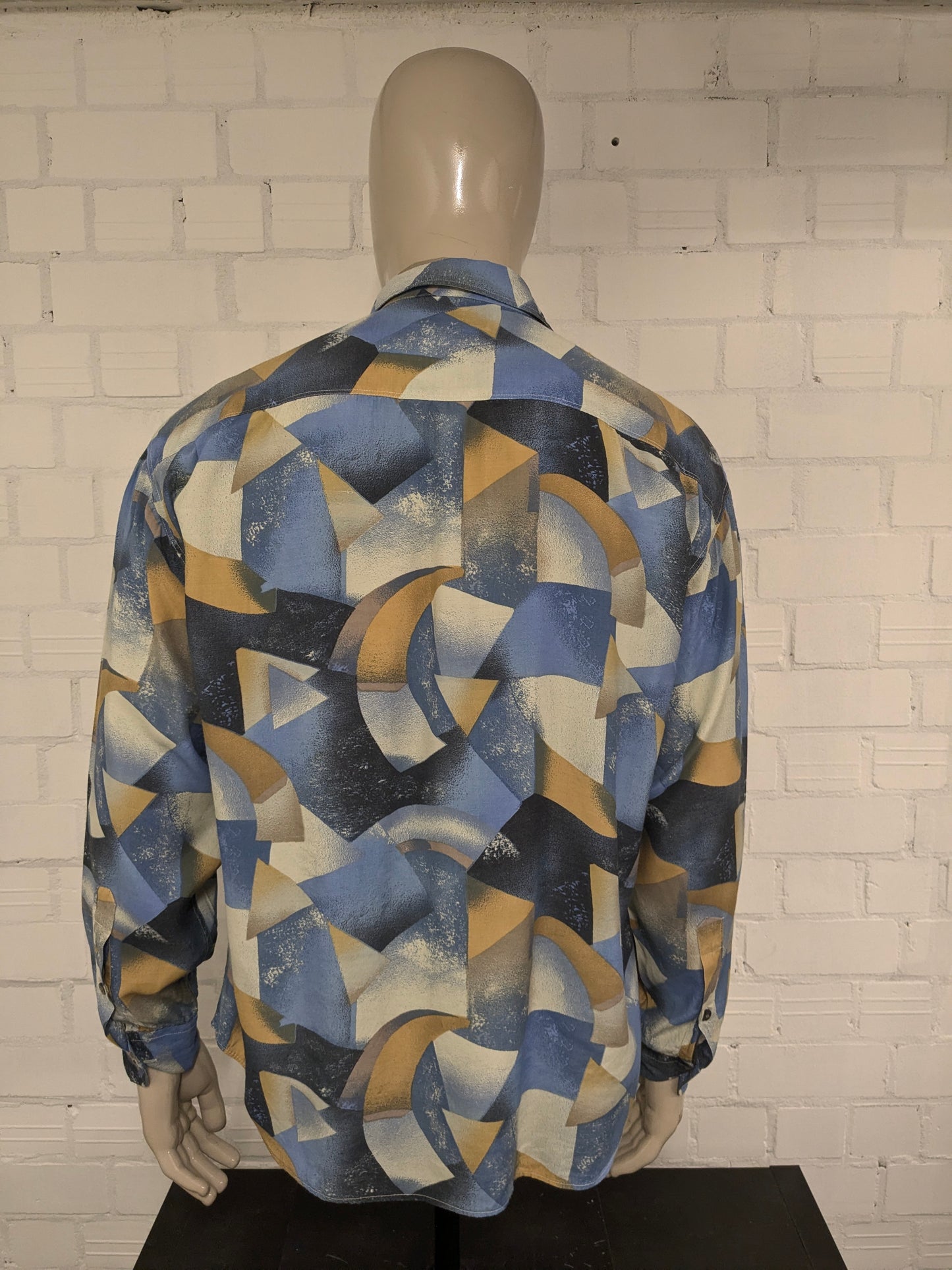 Vintage 80's / 90's Viscose Angelo Litrico overhemd. Blauw Gele print. Maat XL.