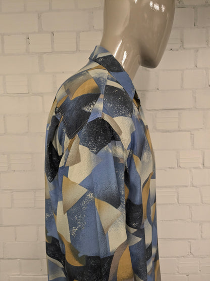 Vintage 80's / 90's Viscose Angelo Litrico overhemd. Blauw Gele print. Maat XL.