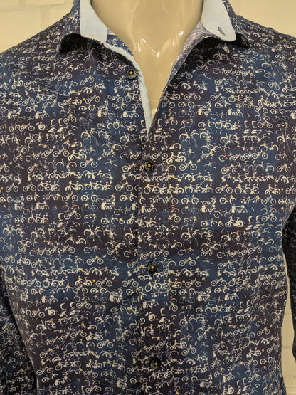 A Fish named Fred overhemd. Blauw Witte fietsen print. Maat L.