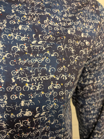 A Fish named Fred overhemd. Blauw Witte fietsen print. Maat L.