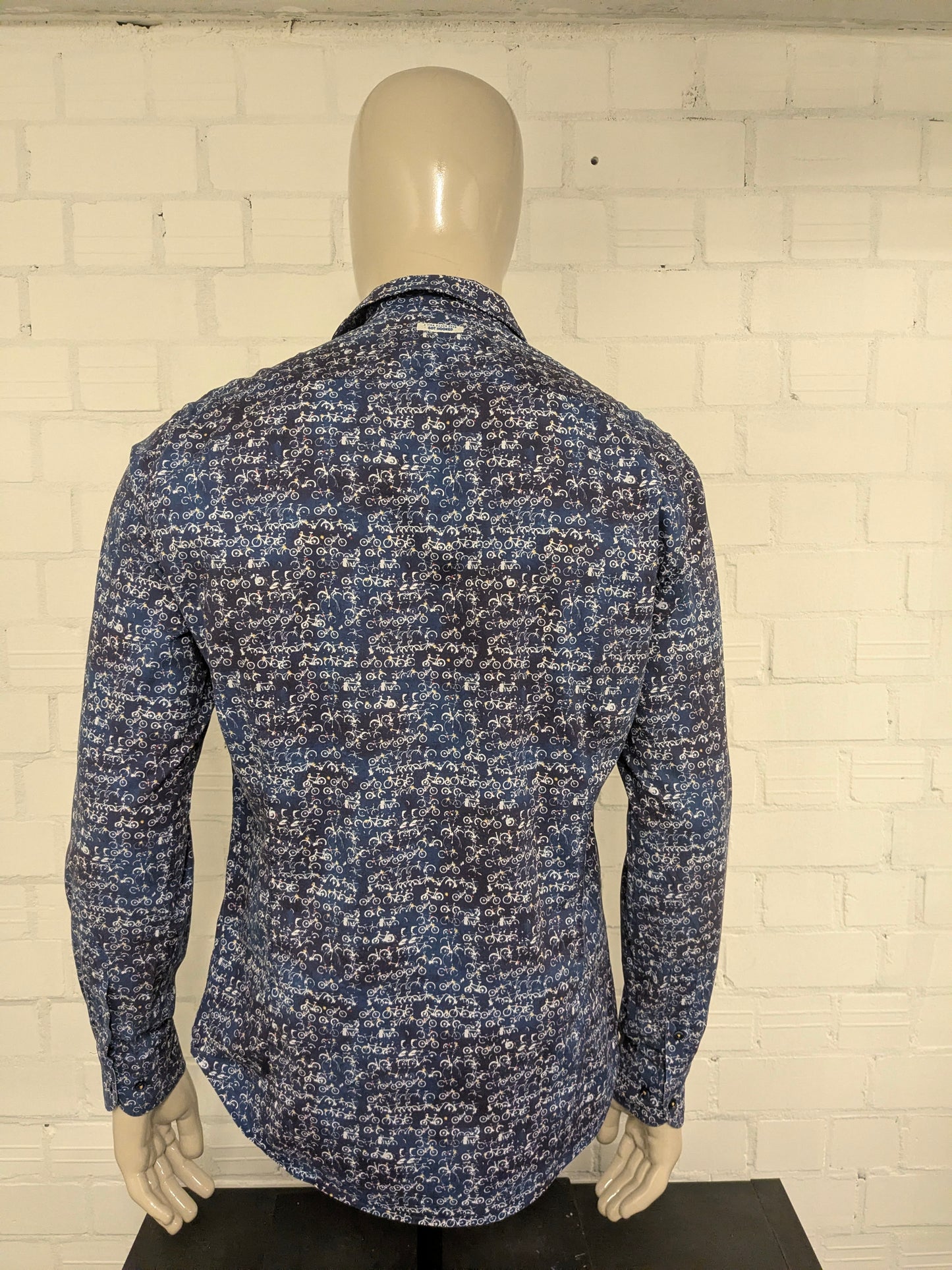 A Fish named Fred overhemd. Blauw Witte fietsen print. Maat L.