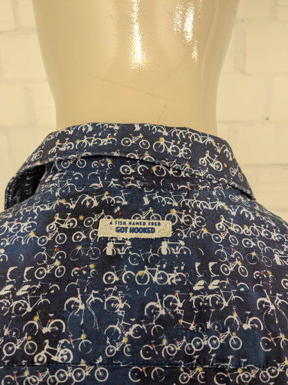 A Fish named Fred overhemd. Blauw Witte fietsen print. Maat L.