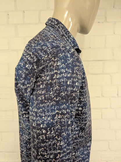 A Fish named Fred overhemd. Blauw Witte fietsen print. Maat L.