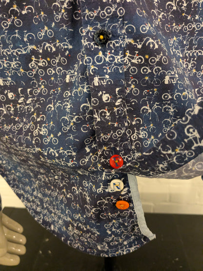 A Fish named Fred overhemd. Blauw Witte fietsen print. Maat L.