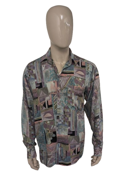 Vintage 80's / 90's Viscose King's Road overhemd. Paars Blauw Groen Roze print. Maat L.