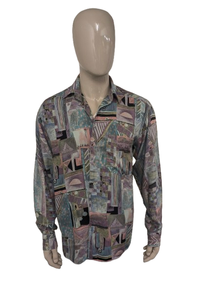 Vintage 80's / 90's Viscose King's Road overhemd. Paars Blauw Groen Roze print. Maat L.