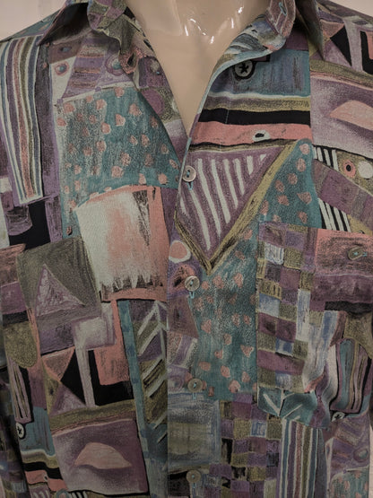 Vintage 80's / 90's Viscose King's Road overhemd. Paars Blauw Groen Roze print. Maat L.