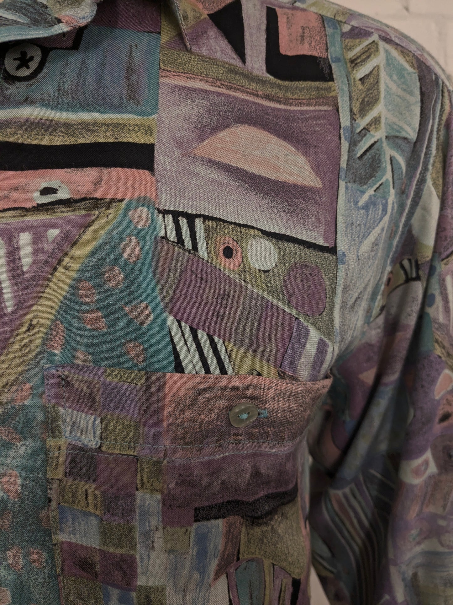 Vintage 80's / 90's Viscose King's Road overhemd. Paars Blauw Groen Roze print. Maat L.
