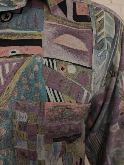 Vintage 80's / 90's Viscose King's Road overhemd. Paars Blauw Groen Roze print. Maat L.