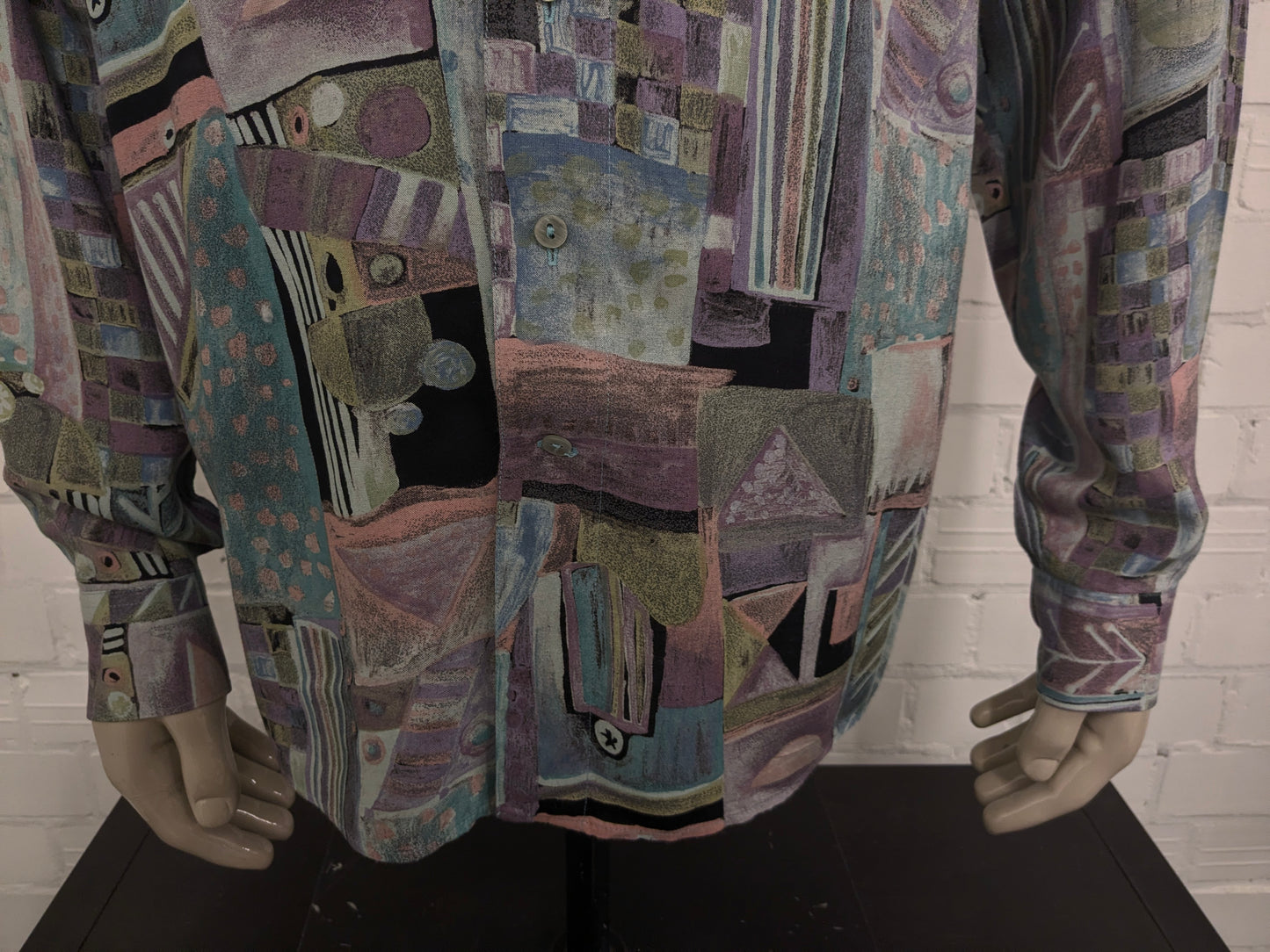 Vintage 80's / 90's Viscose King's Road overhemd. Paars Blauw Groen Roze print. Maat L.