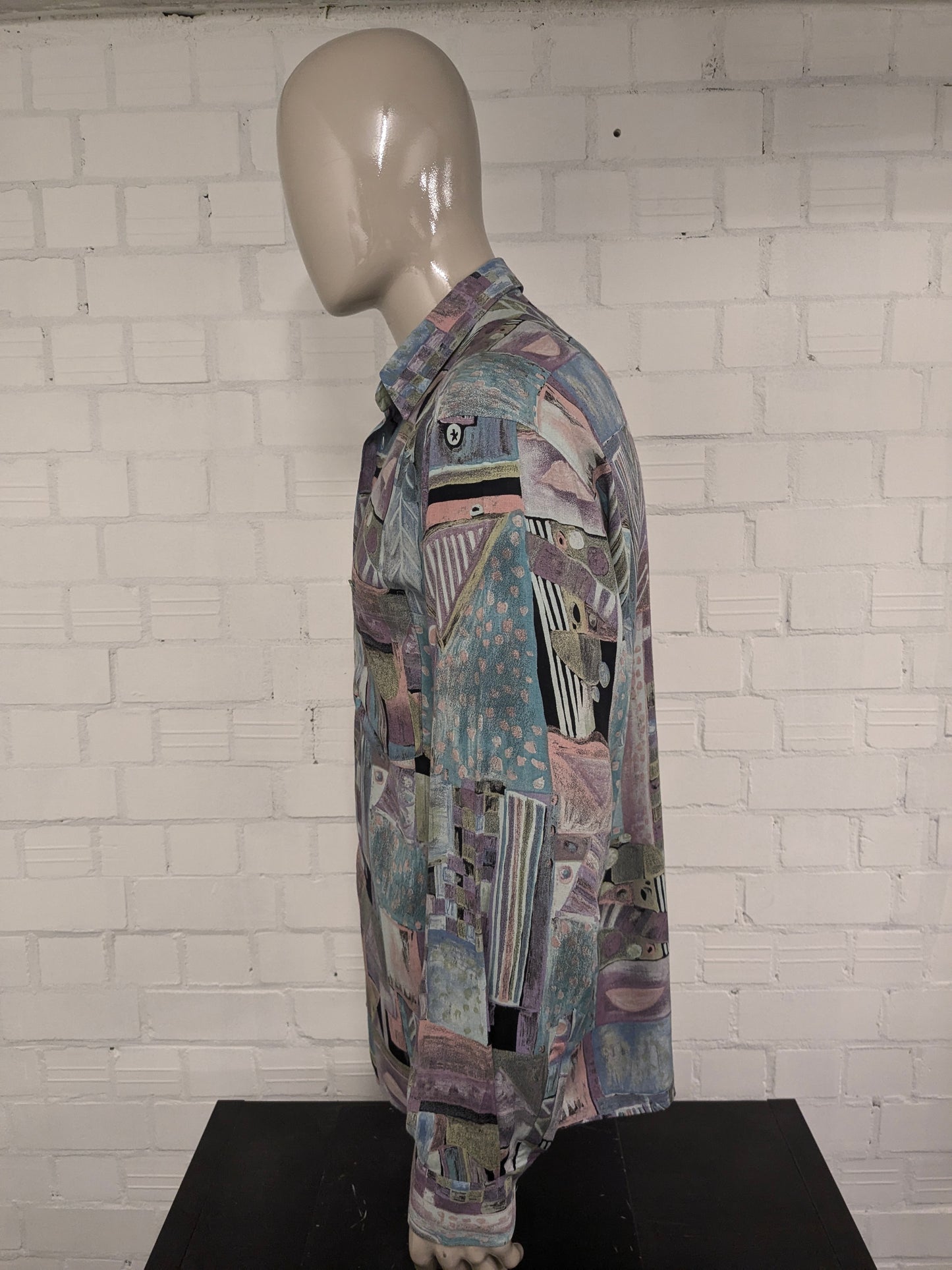 Vintage 80's / 90's Viscose King's Road overhemd. Paars Blauw Groen Roze print. Maat L.